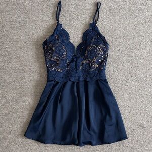 Elegant Navy Lace Formal Romper Size S